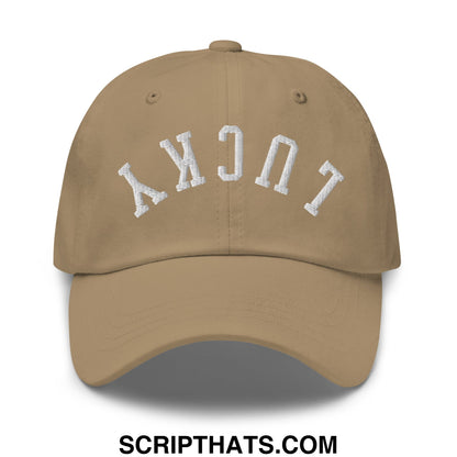 Tan unstructured dad hat with white embroidered lucky arch on the front, perfect casual baseball cap