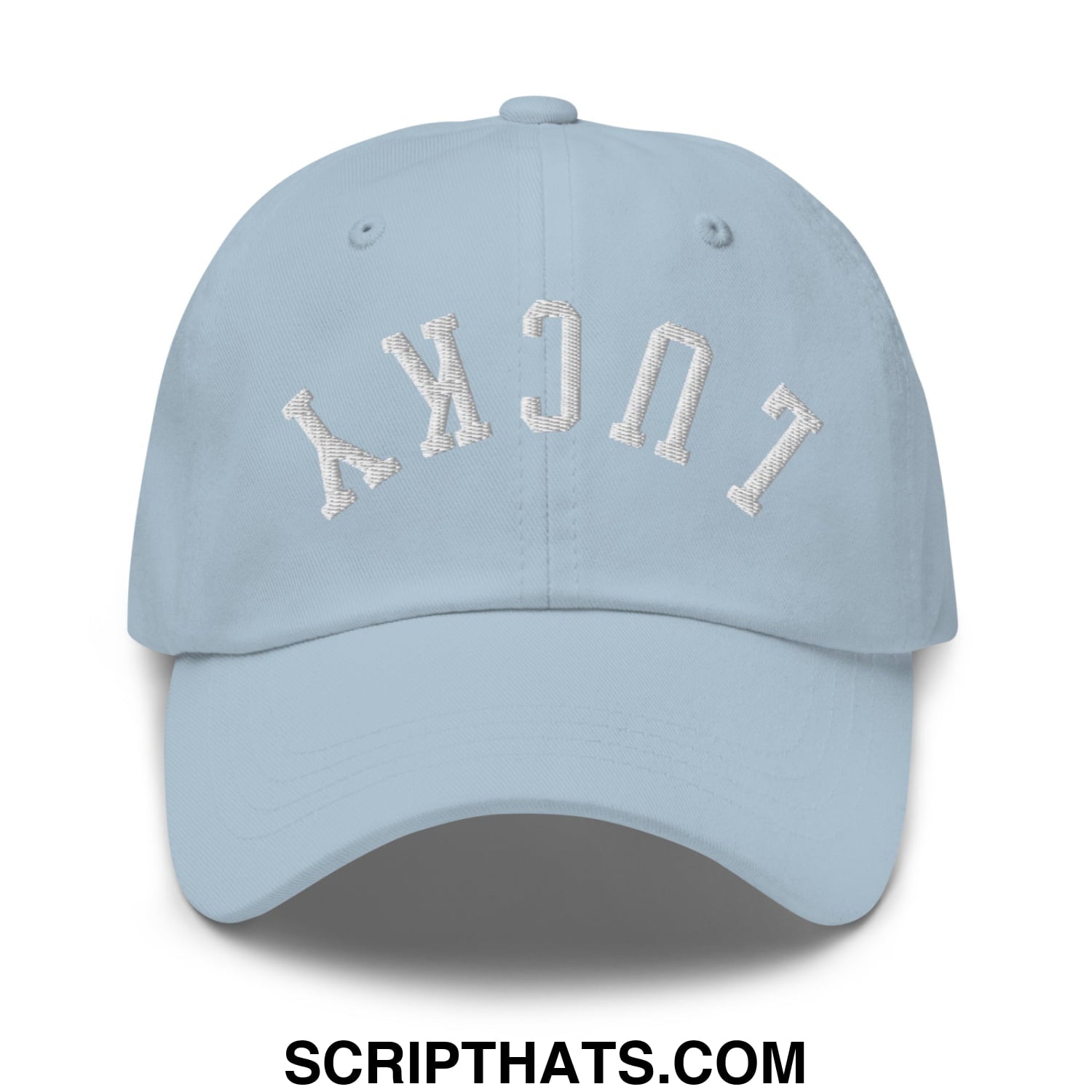 Light blue unstructured dad hat with white embroidered lucky lettering in an arched design