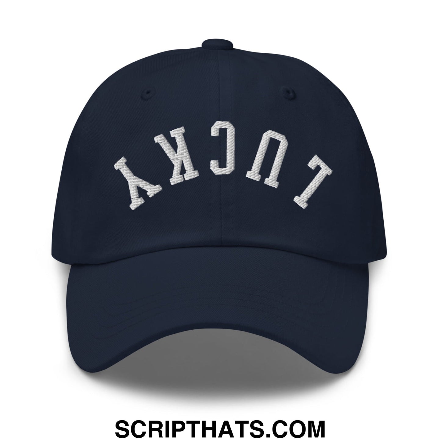 Navy blue unstructured dad hat with white embroidered lucky lettering in an arched upside down design