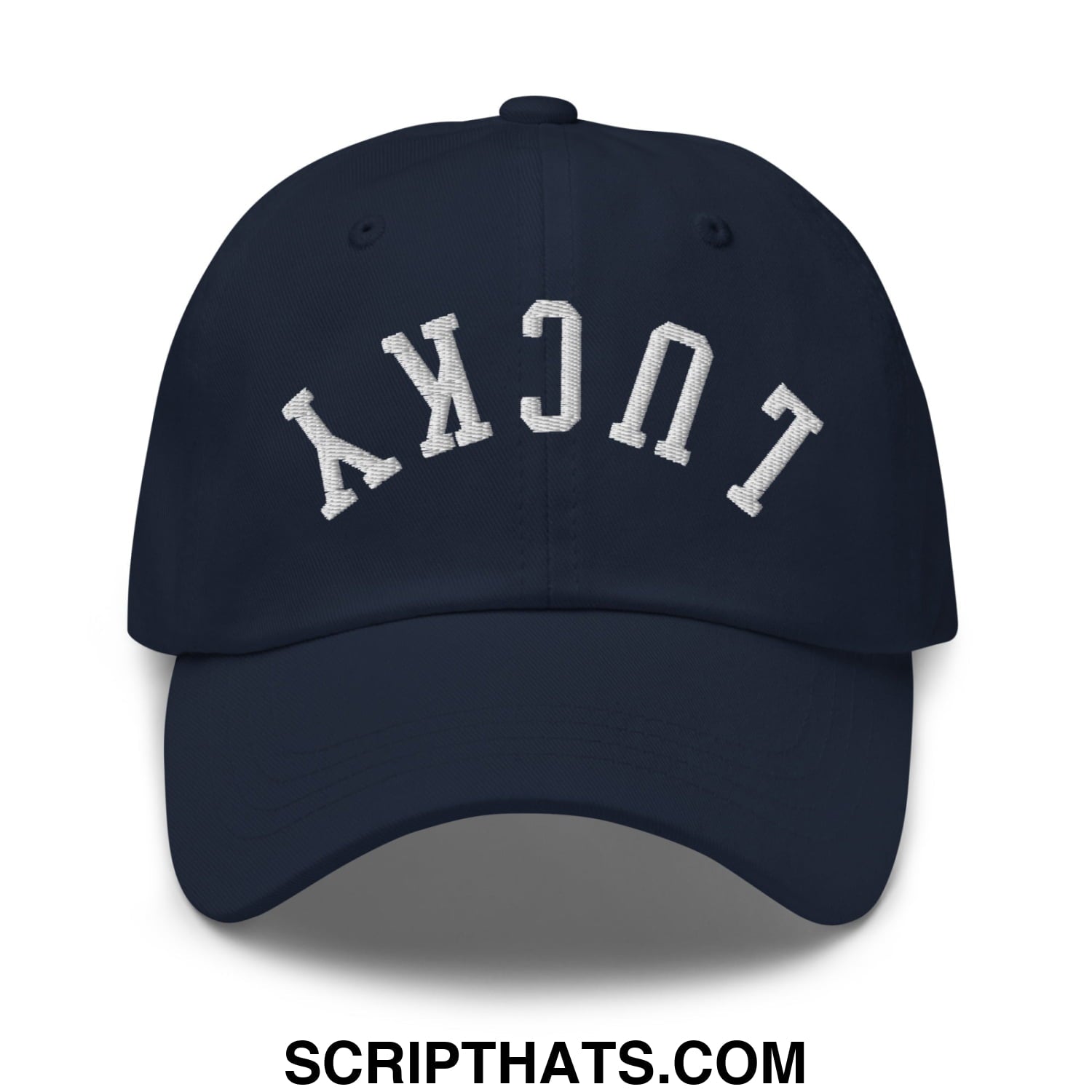 Navy blue unstructured dad hat with white embroidered lucky lettering in an arched upside down design