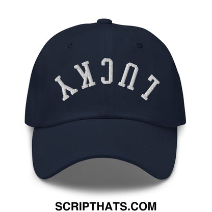 Navy blue unstructured dad hat with white embroidered lucky lettering in an arched upside down design