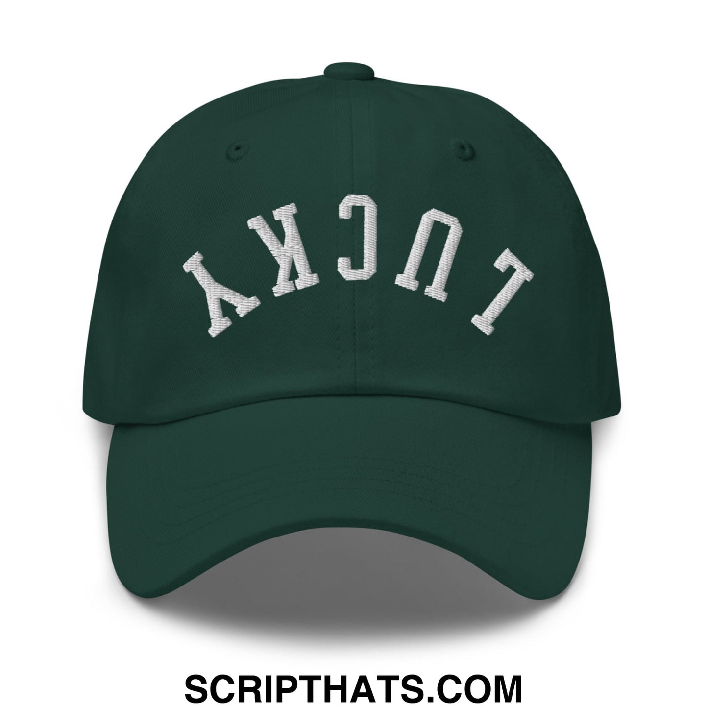 Dark green unstructured dad hat with white embroidered lucky arch on front in upside down lucky design