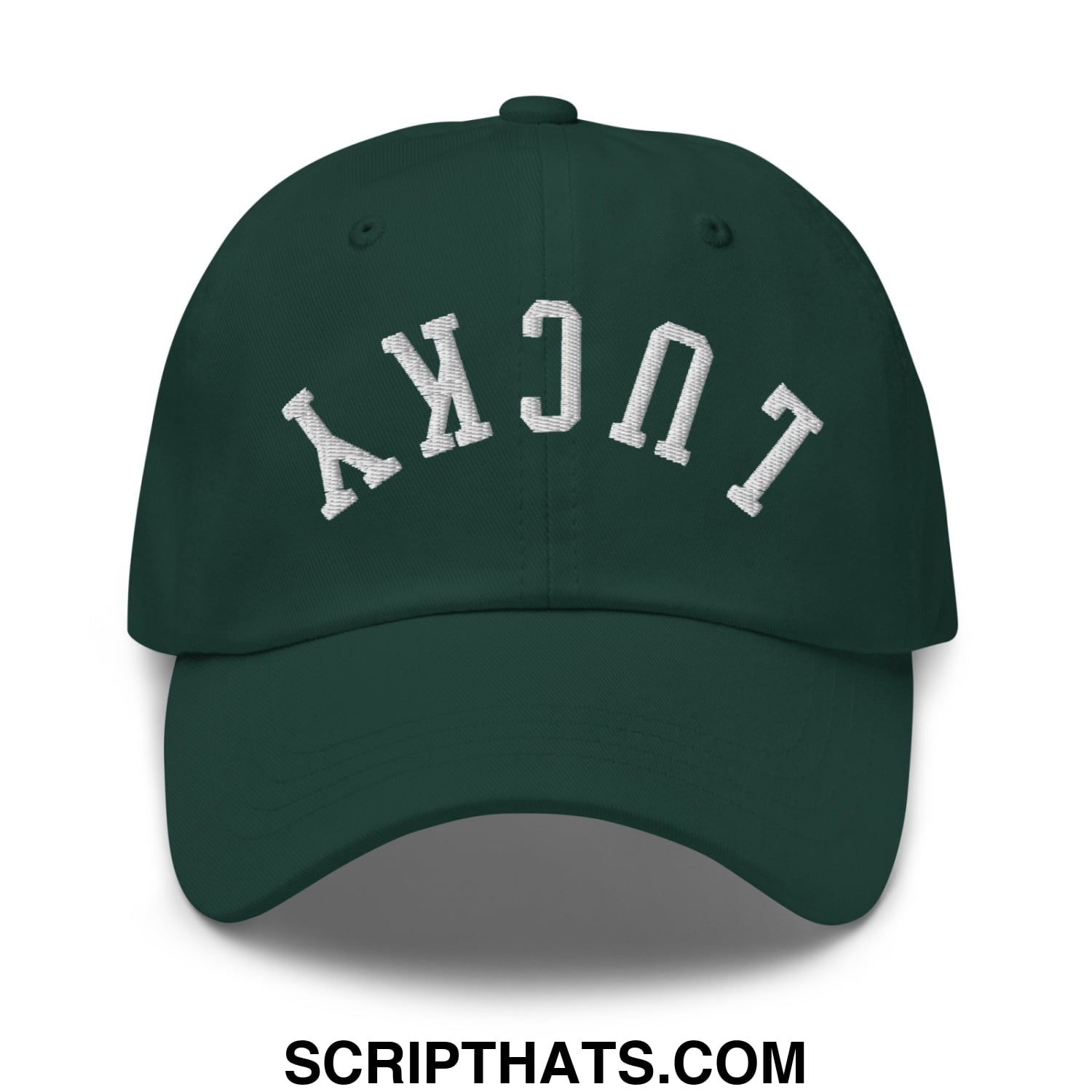 Dark green unstructured dad hat with white embroidered lucky arch on front in upside down lucky design