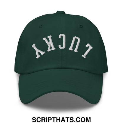 Dark green unstructured dad hat with white embroidered lucky arch on front in upside down lucky design