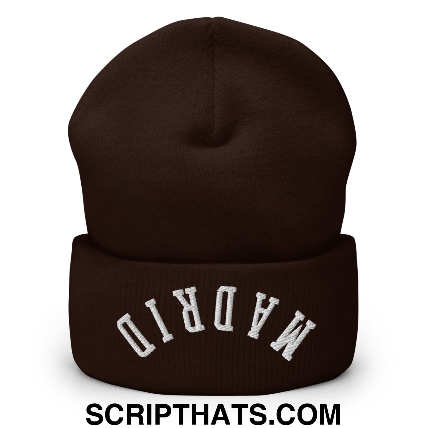 Upside Down Madrid Embroidered Cuffed Knit Beanie Brown