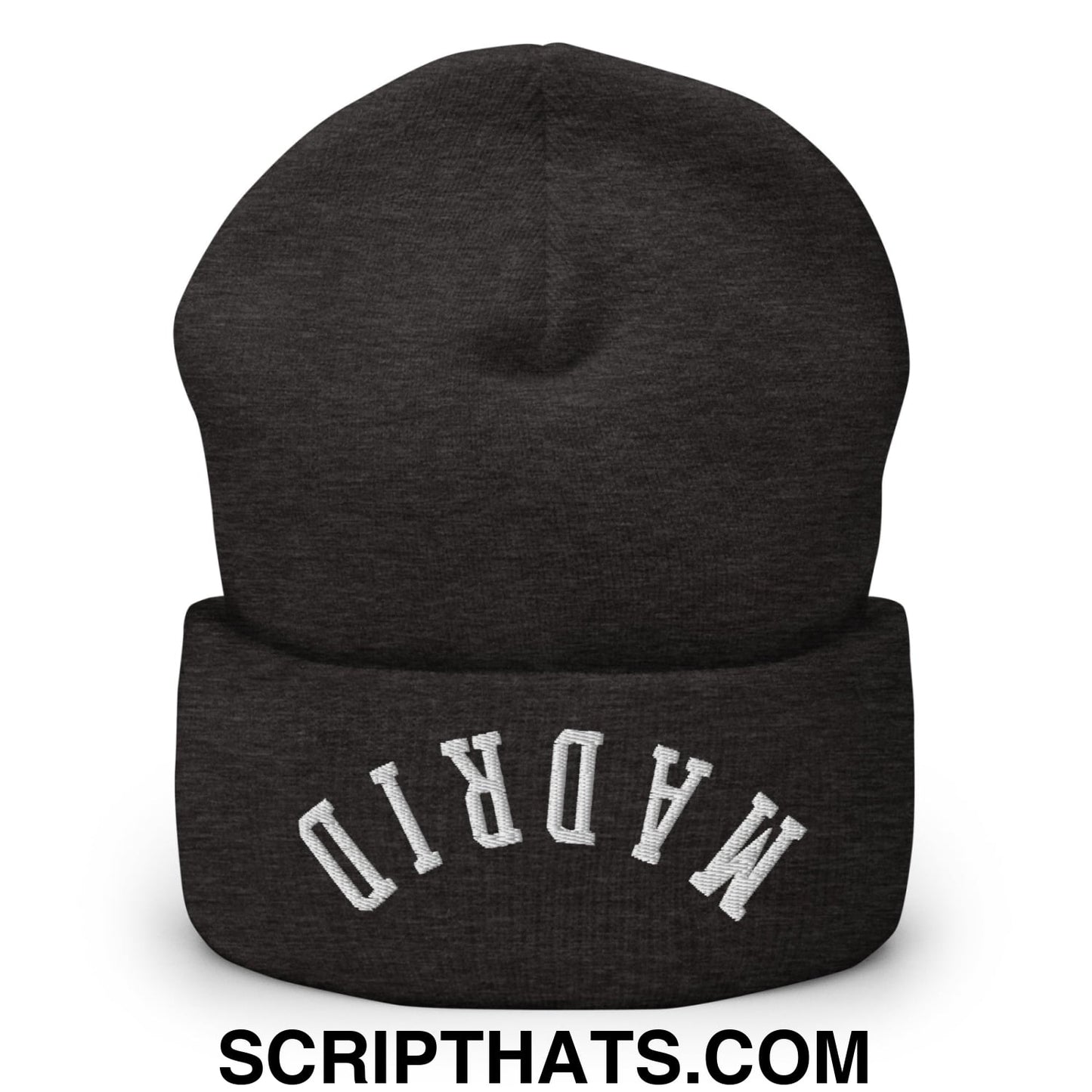 Upside Down Madrid Embroidered Cuffed Knit Beanie Dark Grey
