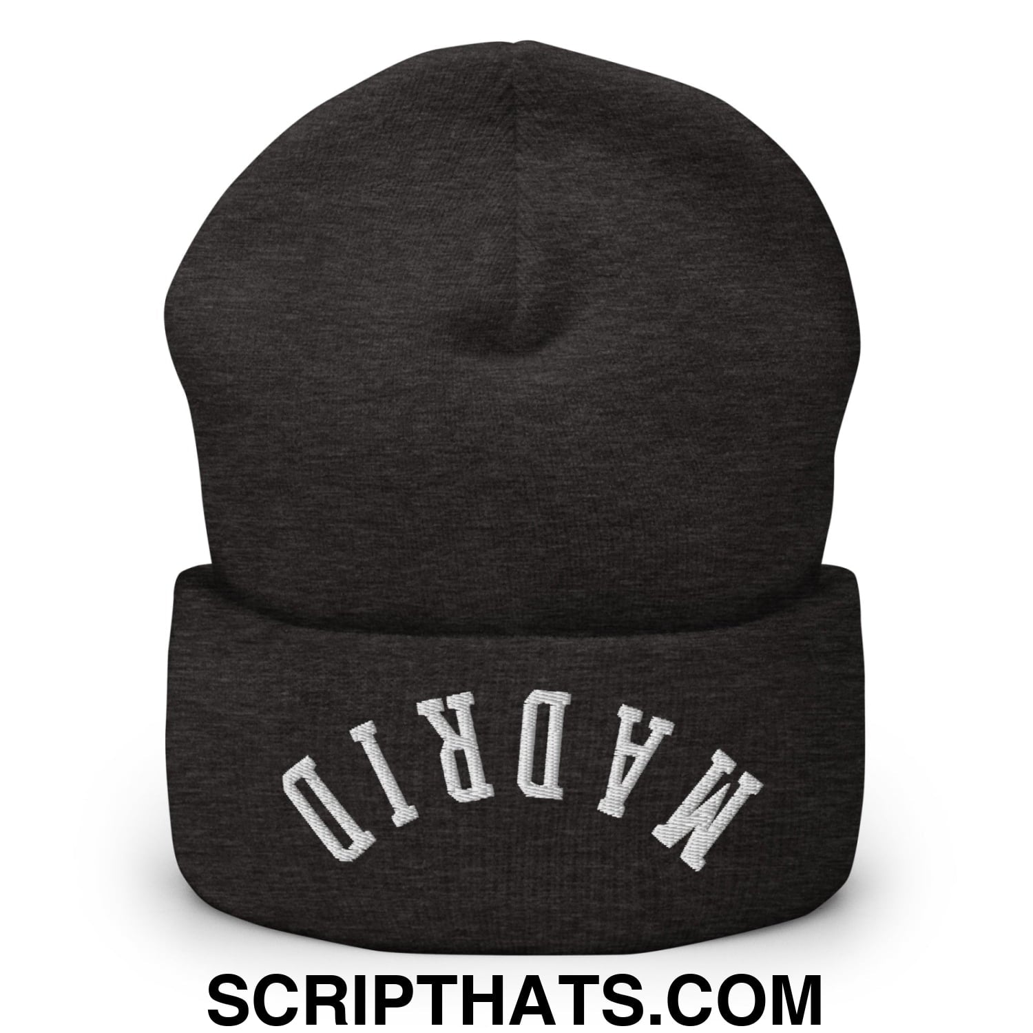 Upside Down Madrid Embroidered Cuffed Knit Beanie Dark Grey