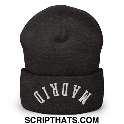 Upside Down Madrid Embroidered Cuffed Knit Beanie Dark Grey