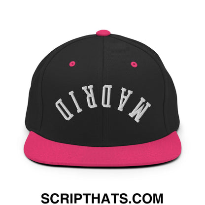 Upside Down Madrid Embroidered Flat Bill Brim Snapback Hat Black Neon Pink