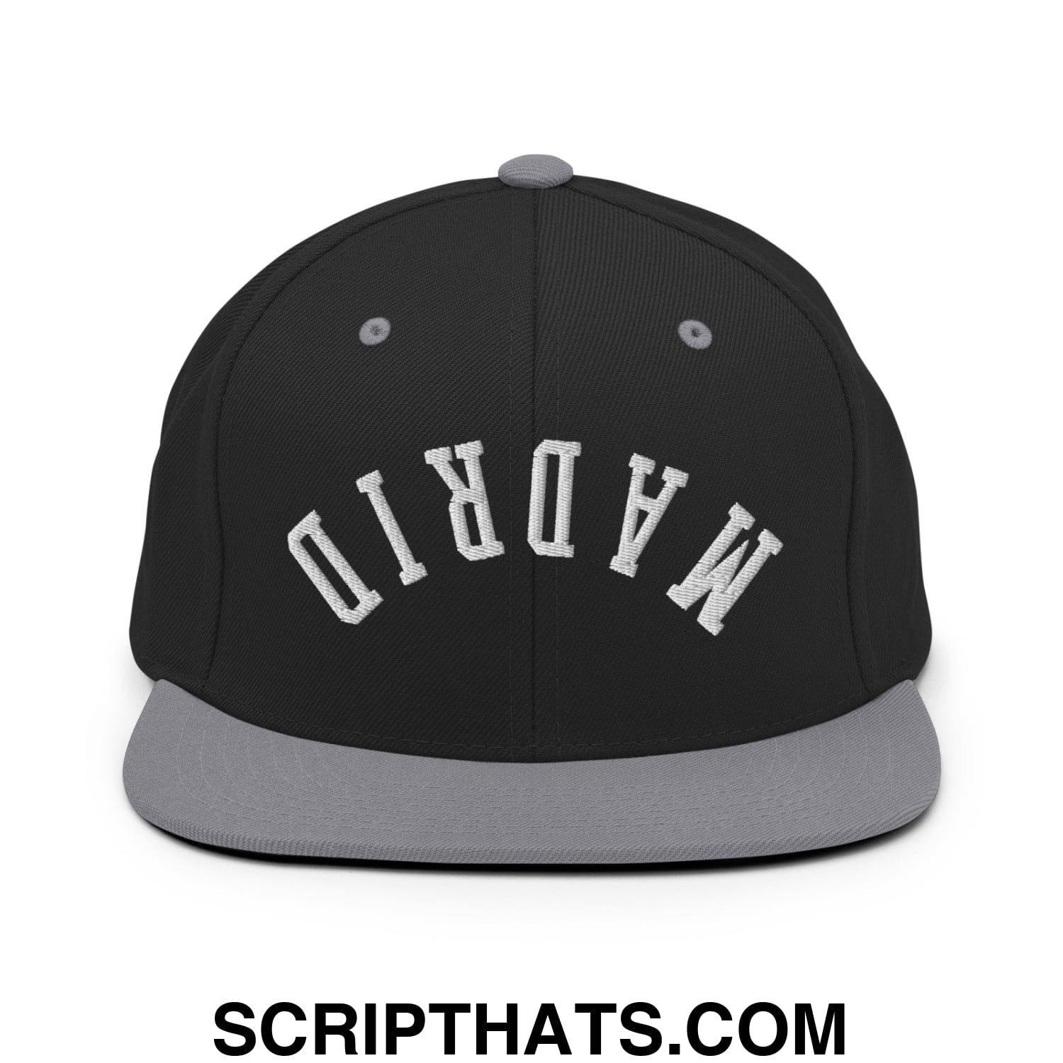 Upside Down Madrid Embroidered Flat Bill Brim Snapback Hat Black Silver