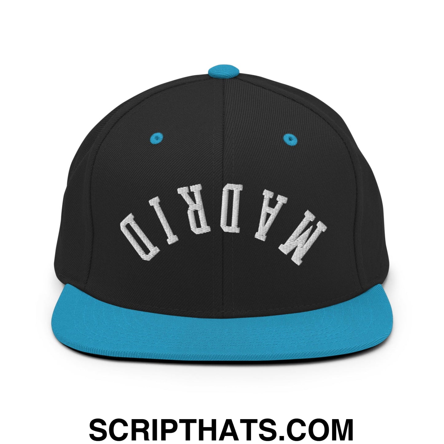 Upside Down Madrid Embroidered Flat Bill Brim Snapback Hat Black Teal
