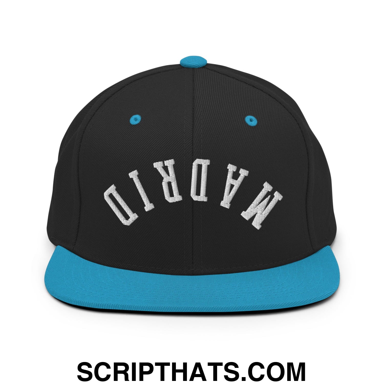 Upside Down Madrid Embroidered Flat Bill Brim Snapback Hat Black Teal