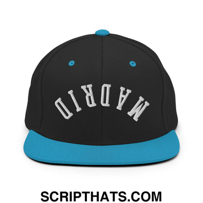 Upside Down Madrid Embroidered Flat Bill Brim Snapback Hat Black Teal