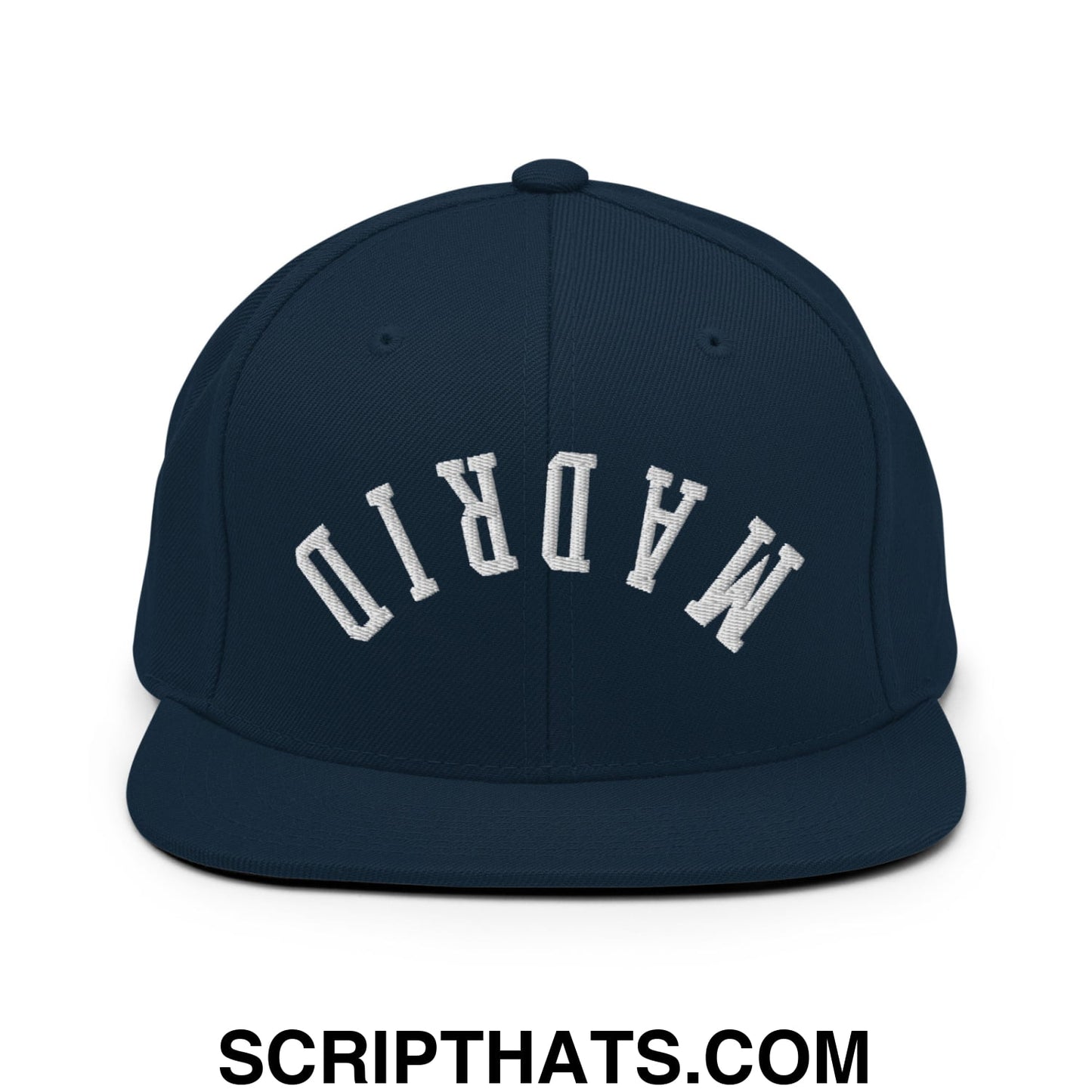 Upside Down Madrid Embroidered Flat Bill Brim Snapback Hat Dark Navy