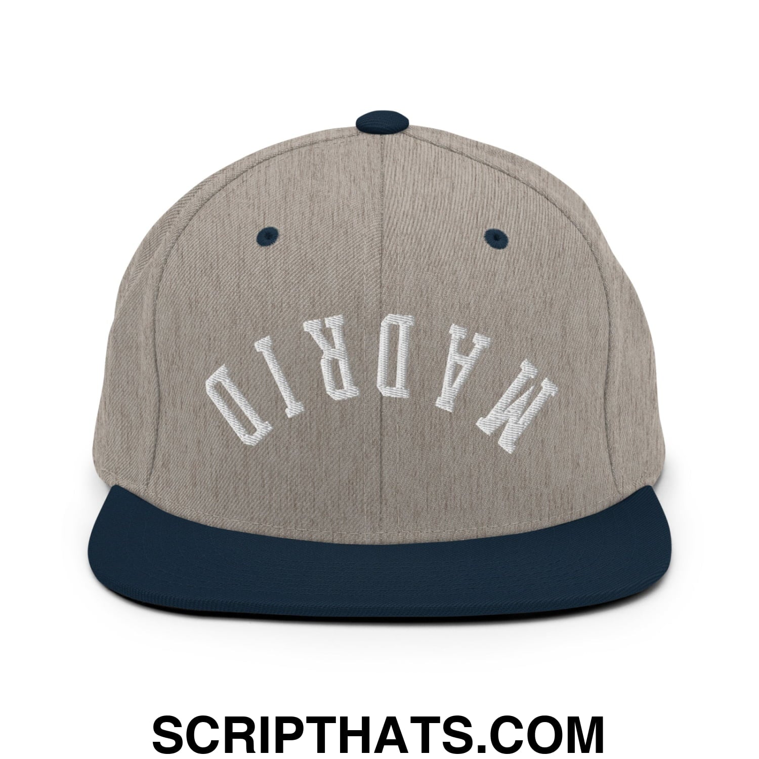 Upside Down Madrid Embroidered Flat Bill Brim Snapback Hat Heather Grey Navy