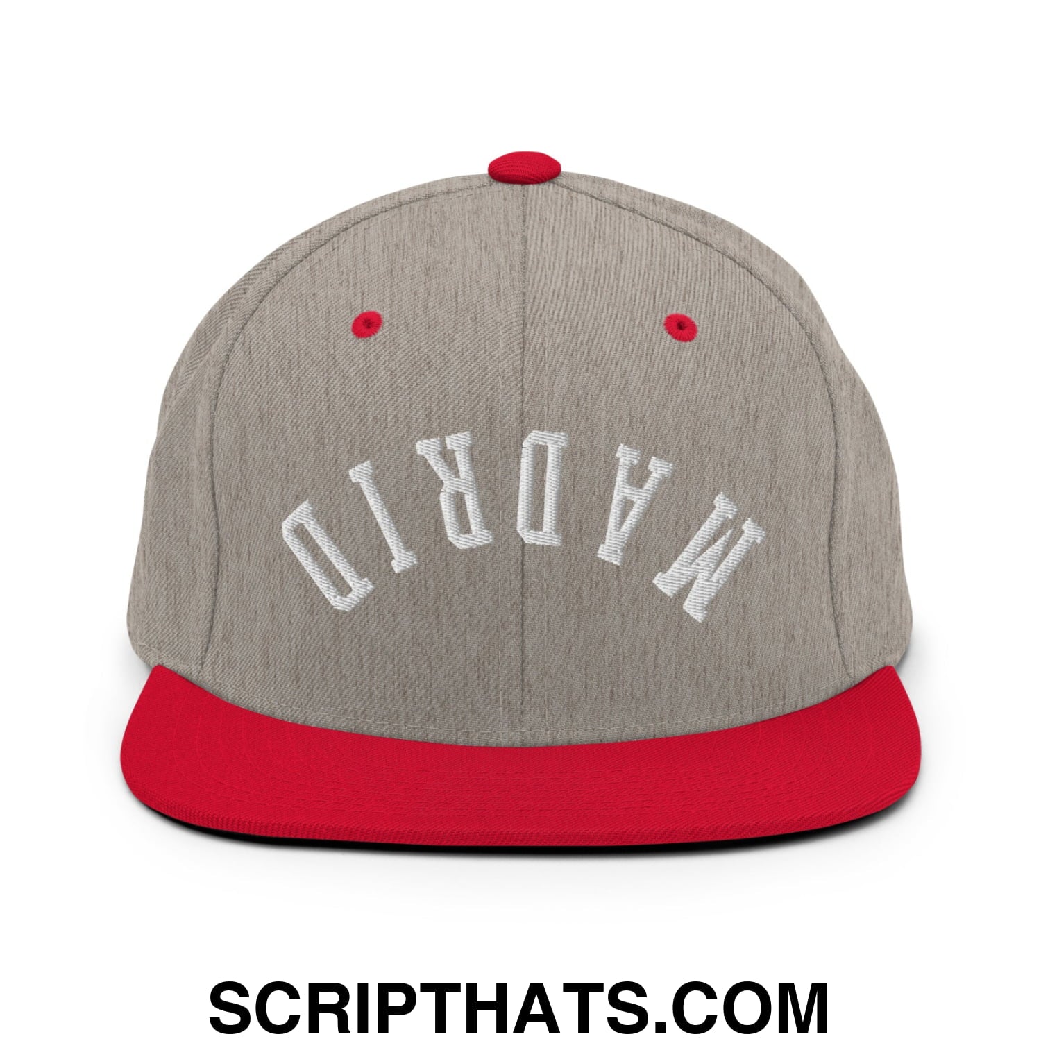 Upside Down Madrid Embroidered Flat Bill Brim Snapback Hat Heather Grey Red