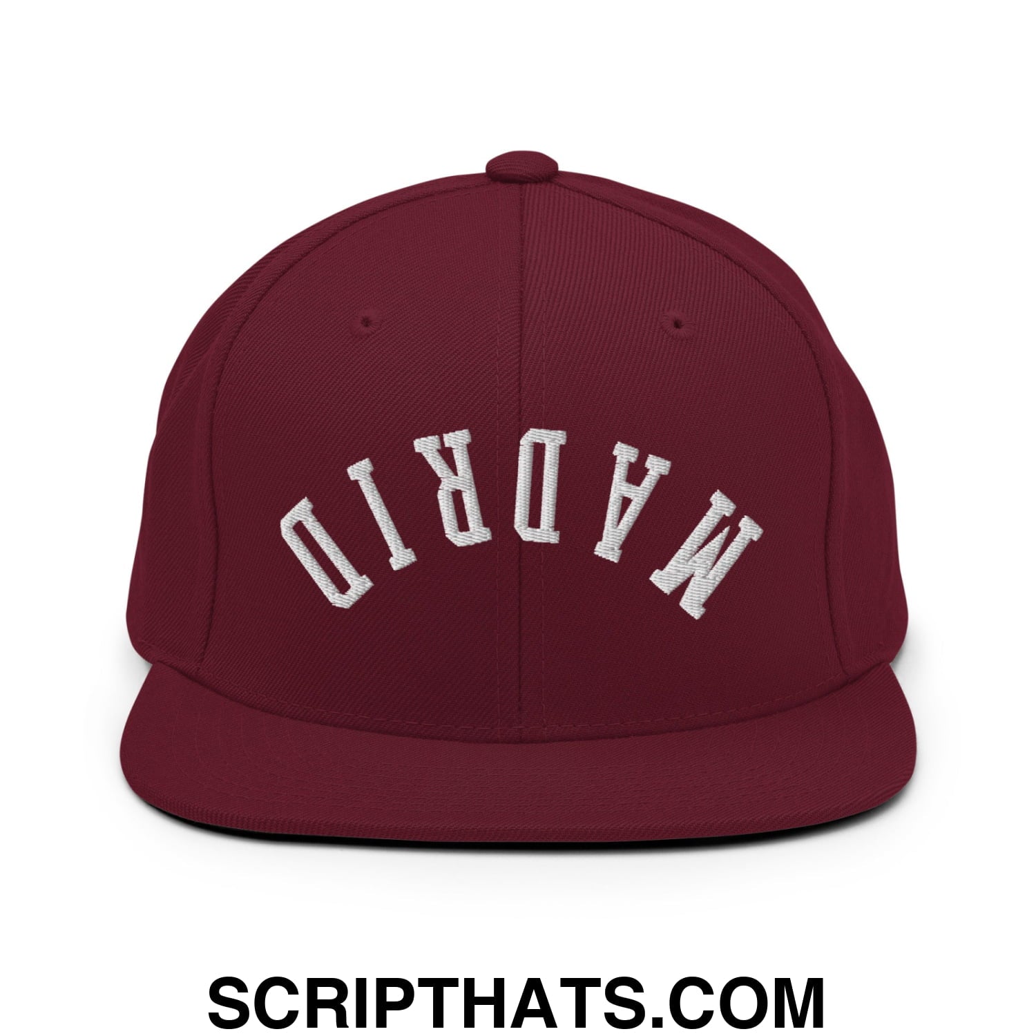 Upside Down Madrid Embroidered Flat Bill Brim Snapback Hat Maroon