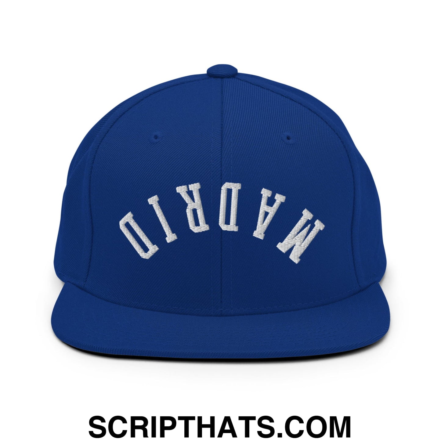 Upside Down Madrid Embroidered Flat Bill Brim Snapback Hat Royal Blue