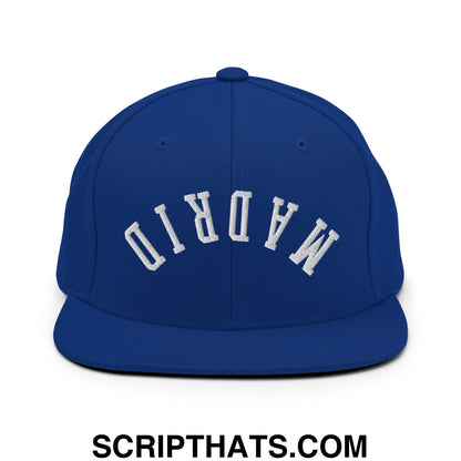 Upside Down Madrid Embroidered Flat Bill Brim Snapback Hat Royal Blue