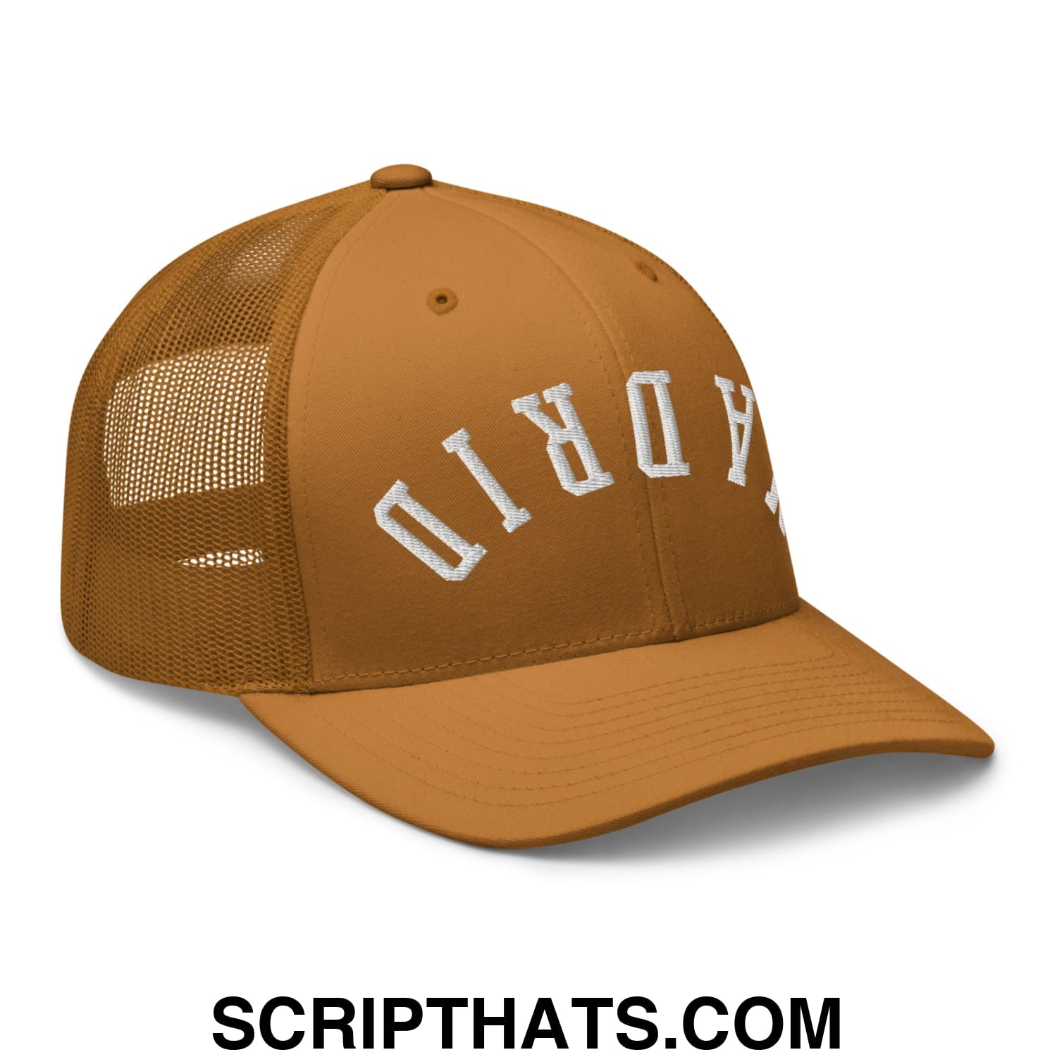 Upside Down Madrid Embroidered Mesh Trucker Hat Caramel