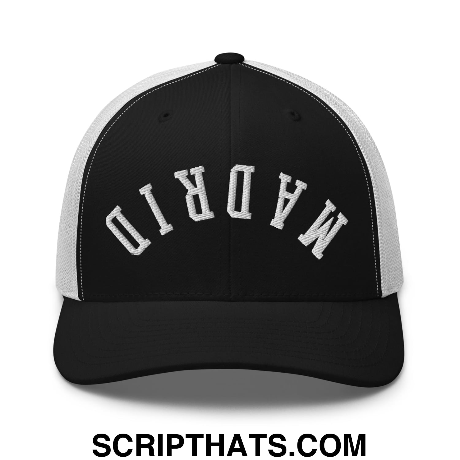 Upside Down Madrid Embroidered Mesh Trucker Hat Black White