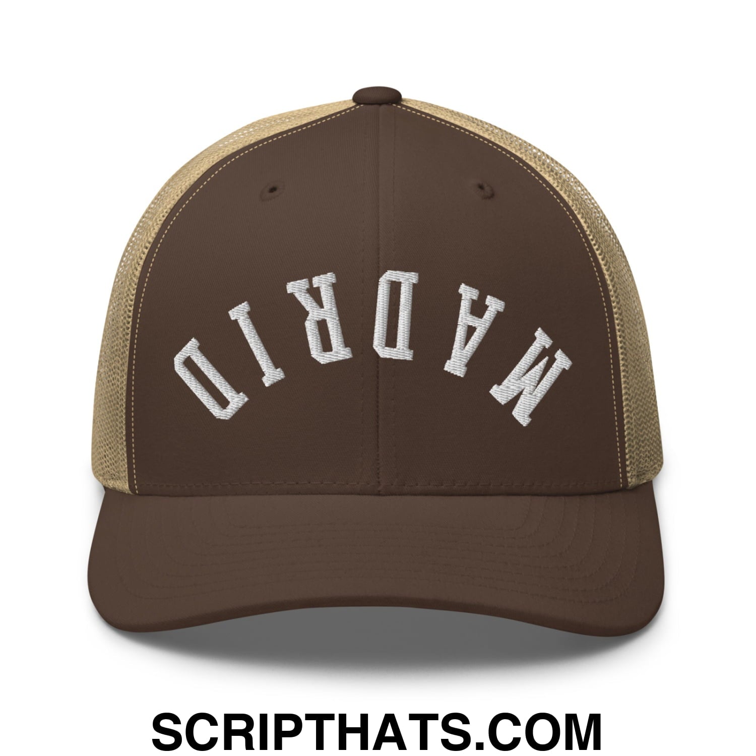 Upside Down Madrid Embroidered Mesh Trucker Hat Brown Khaki