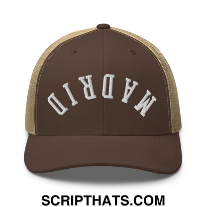 Upside Down Madrid Embroidered Mesh Trucker Hat Brown Khaki