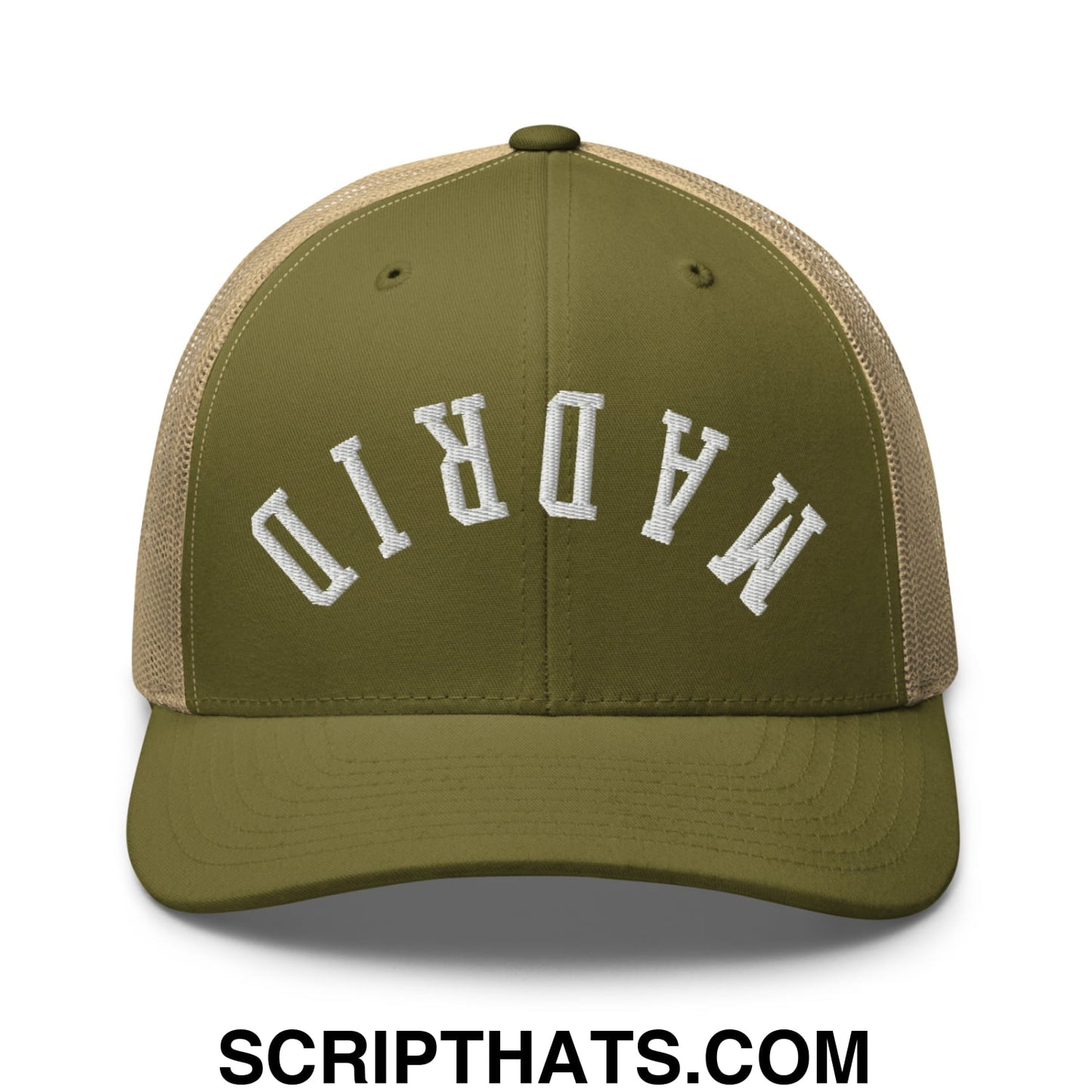 Upside Down Madrid Embroidered Mesh Trucker Hat Moss Khaki