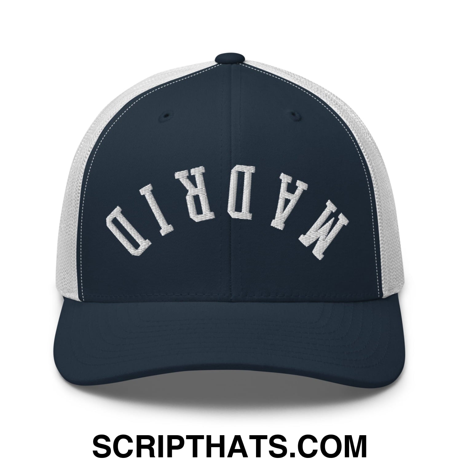 Upside Down Madrid Embroidered Mesh Trucker Hat Navy White