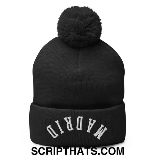 Upside Down Madrid Embroidered Pom Pom Knit Beanie Black