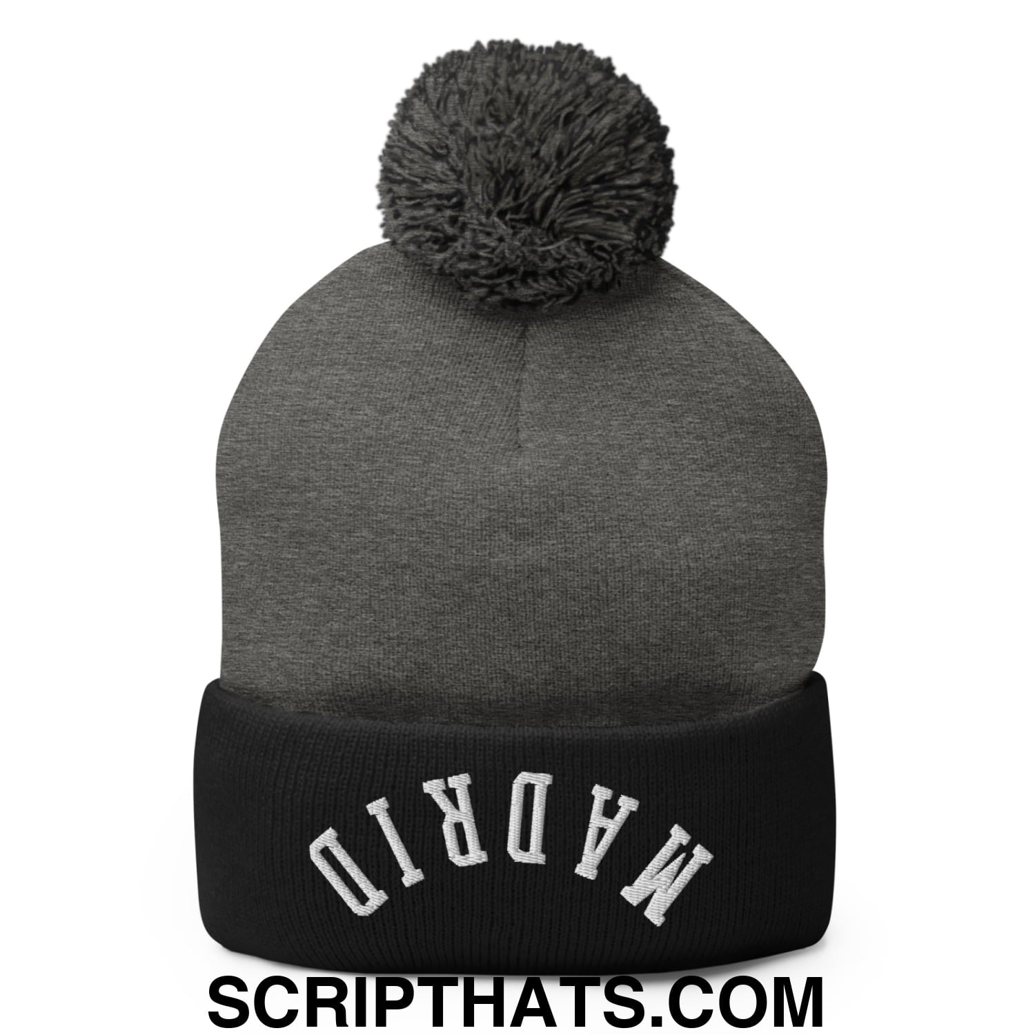 Upside Down Madrid Embroidered Pom Pom Knit Beanie Dark Heather Grey Black