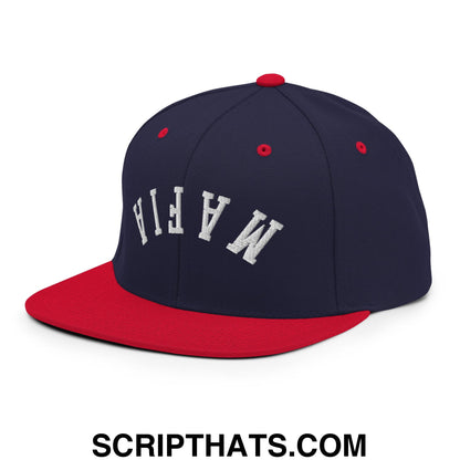 Navy blue and red snapback hat with white embroidered mafia lettering and flat bill brim for casual wear