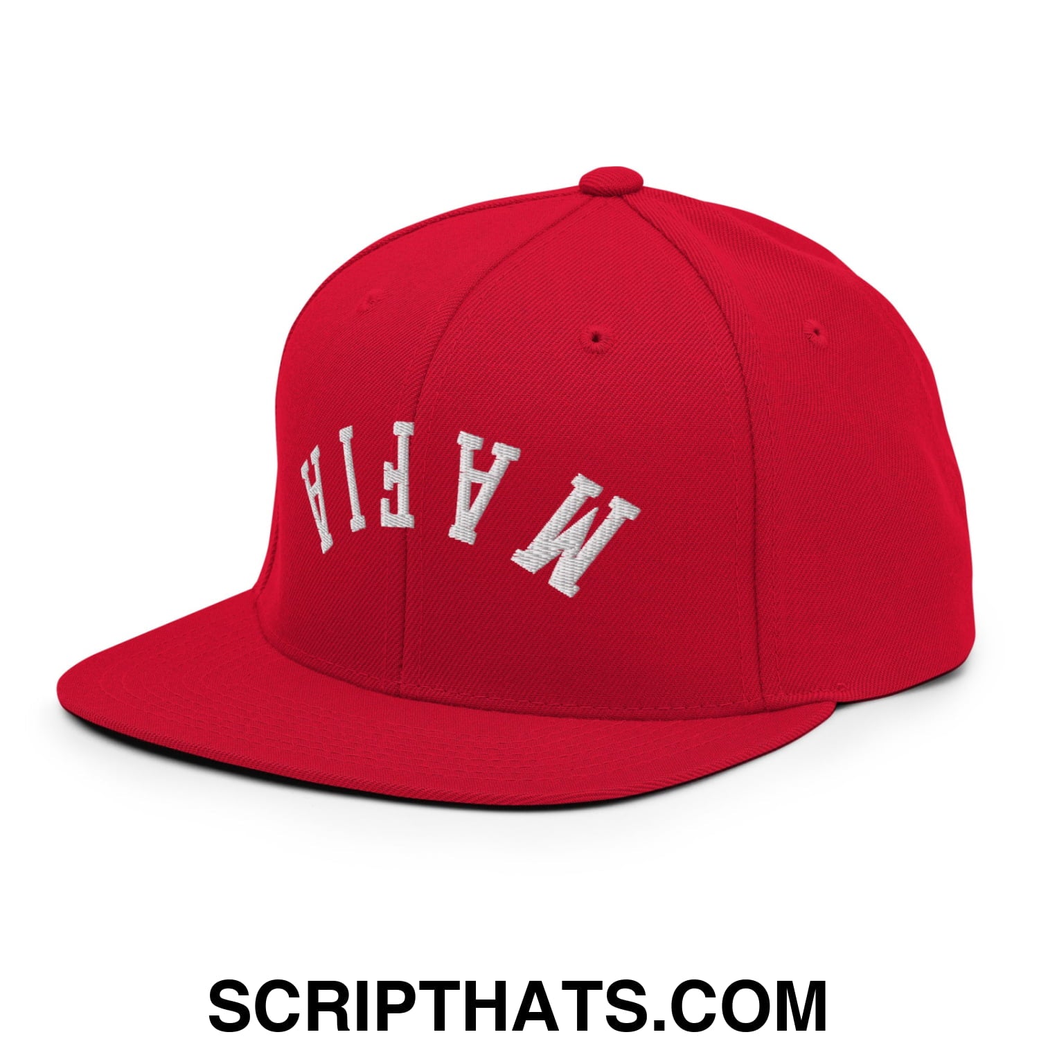 Red snapback cap with white embroidered mafia lettering and flat bill brim in an upside down mafia design