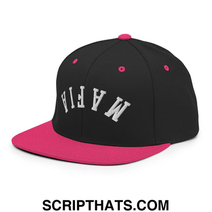 Black and pink snapback hat with white embroidered mafia lettering and flat bill brim Upside Down Mafia style