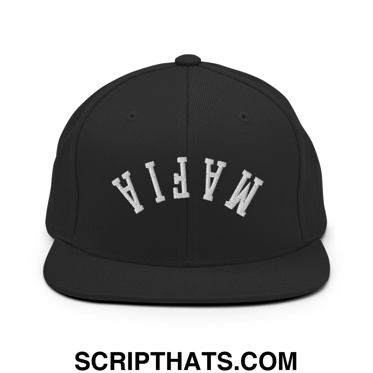 Black snapback hat with white embroidered mafia lettering and flat bill brim for casual streetwear use
