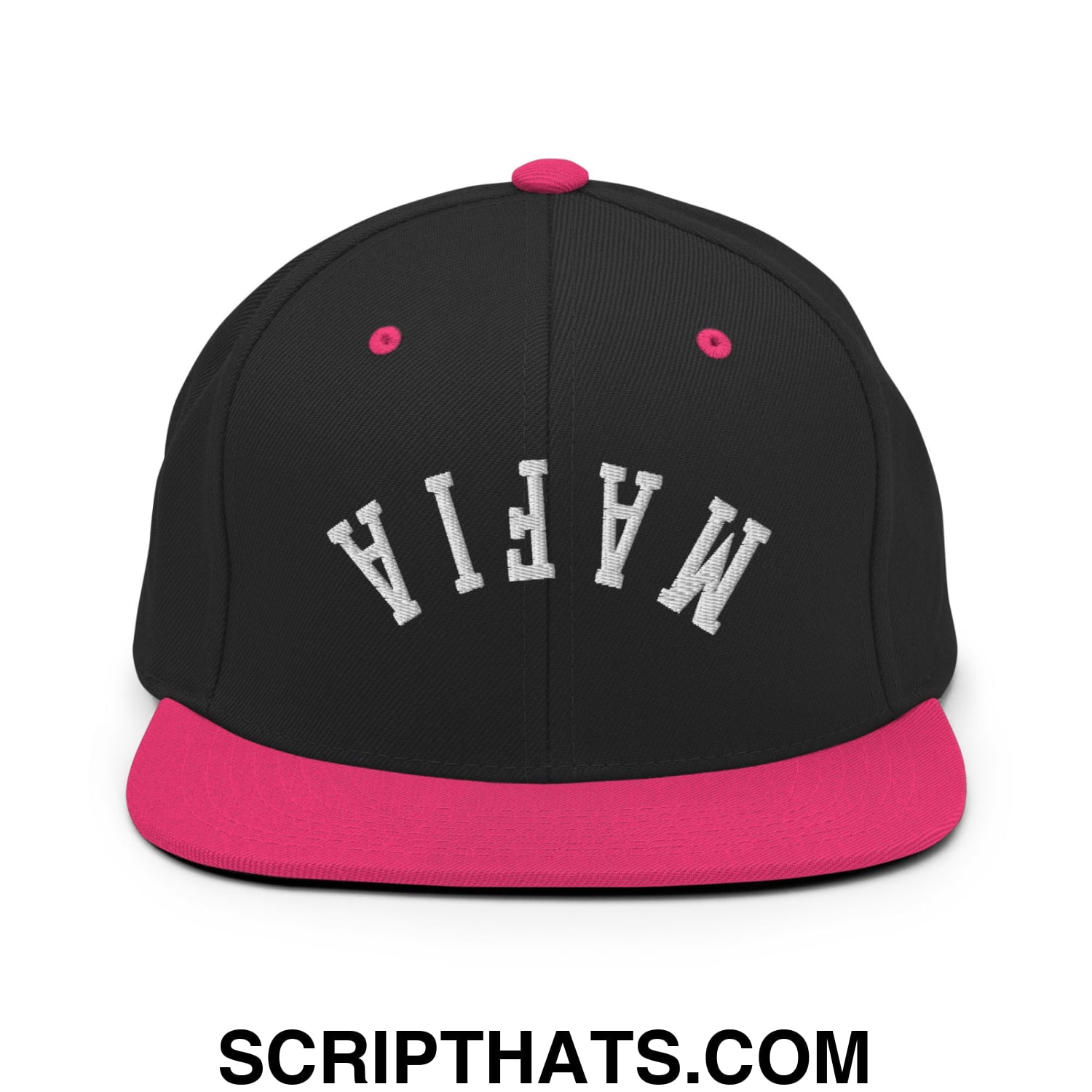 Black snapback cap with vibrant pink brim and white mafia embroidery in arched lettering flat bill brim design