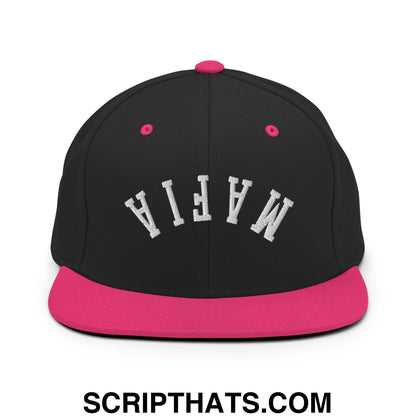 Black snapback cap with vibrant pink brim and white mafia embroidery in arched lettering flat bill brim design