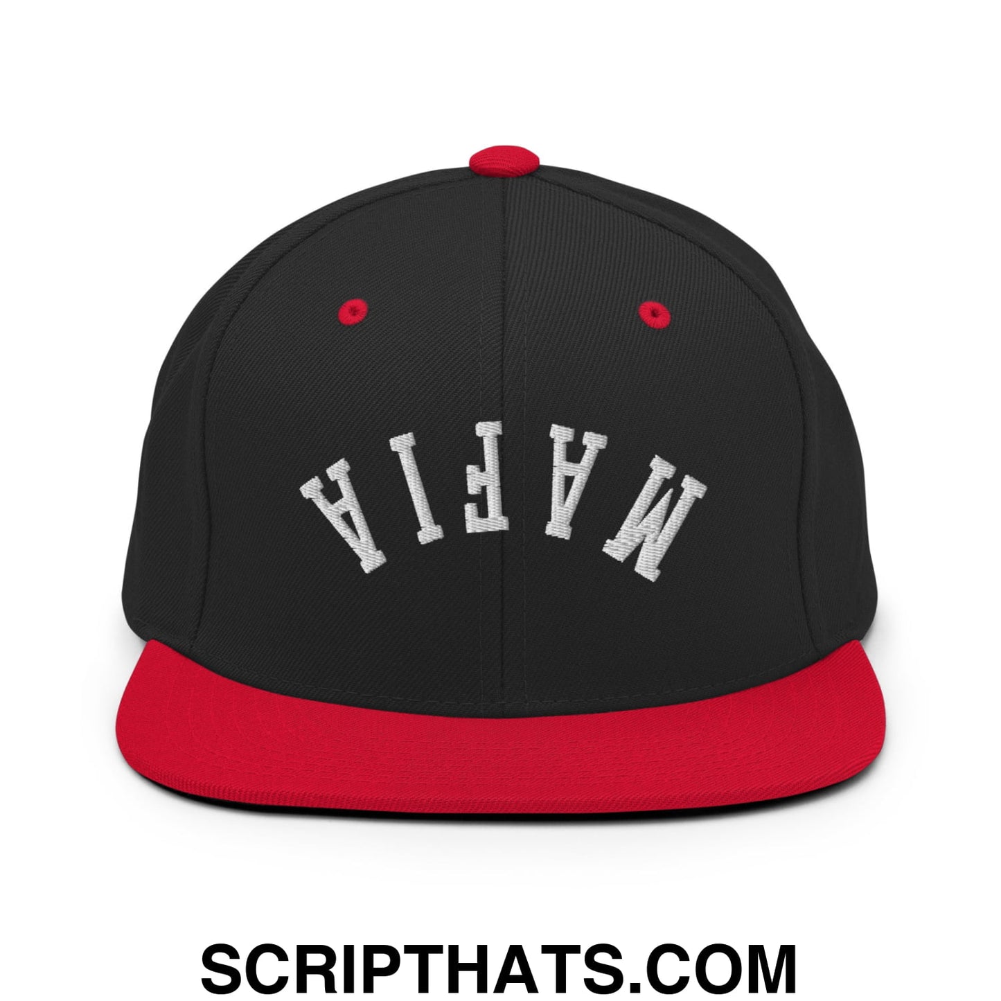 Black and red snapback hat with white mafia embroidery and a flat bill brim from the Upside Down Mafia collection