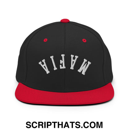 Black and red snapback hat with white mafia embroidery and a flat bill brim from the Upside Down Mafia collection