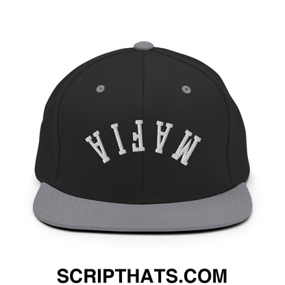 Black snapback cap with gray brim and white embroidered mafia in classic collegiate font upscale streetwear hat
