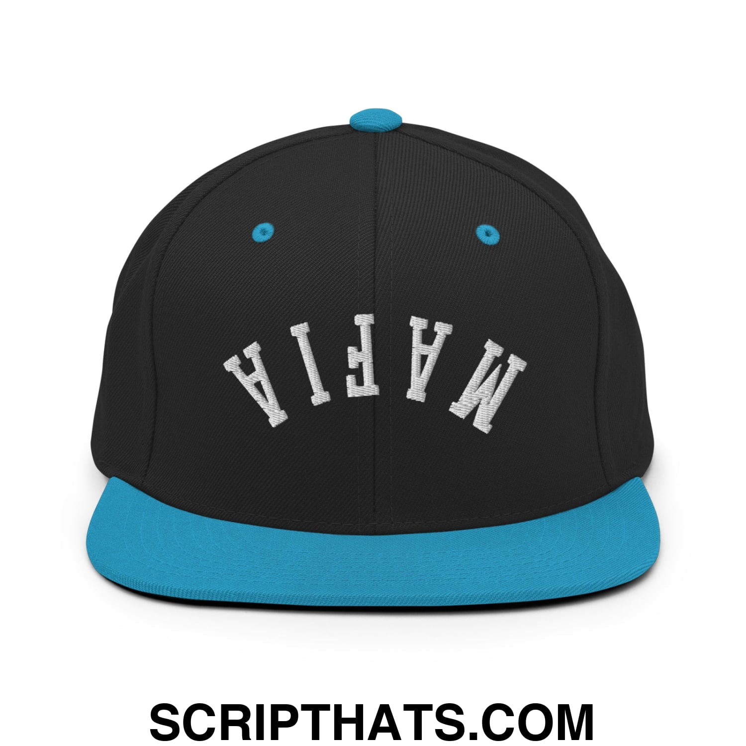 Black snapback cap with teal flat bill brim and mafia embroidered in white on front panel