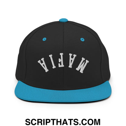 Black snapback cap with teal flat bill brim and mafia embroidered in white on front panel