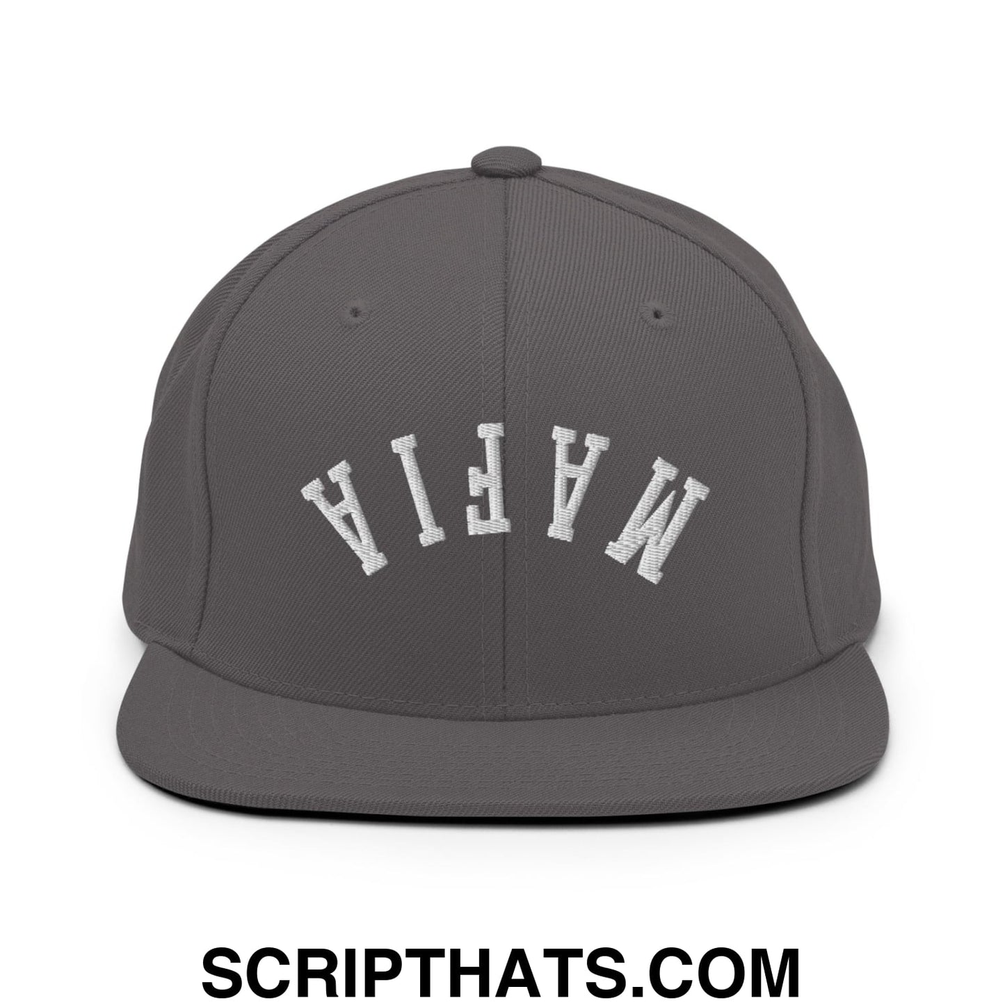 Gray snapback cap with white embroidered mafia lettering in an arched design and flat bill brim