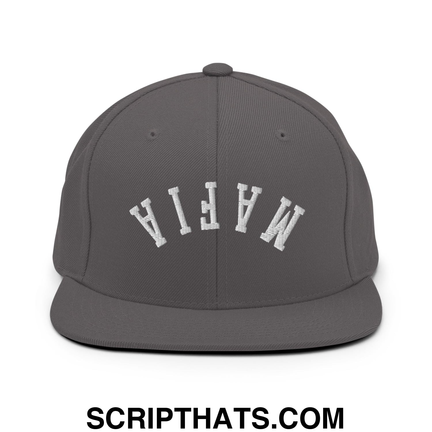 Gray snapback cap with white embroidered mafia lettering in an arched design and flat bill brim