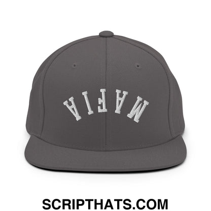 Gray snapback cap with white embroidered mafia lettering in an arched design and flat bill brim