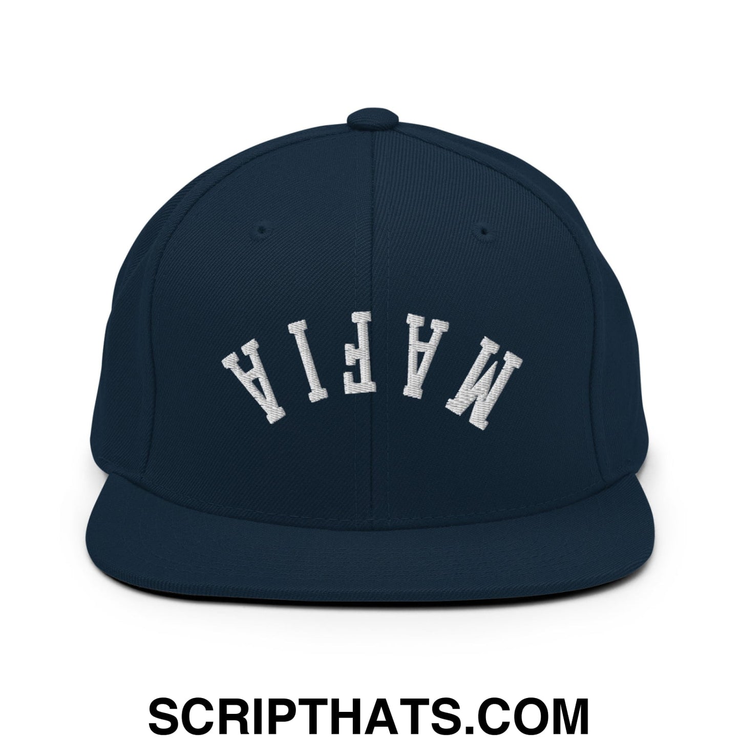 Navy blue snapback hat with white embroidered mafia lettering and flat bill brim for casual wear