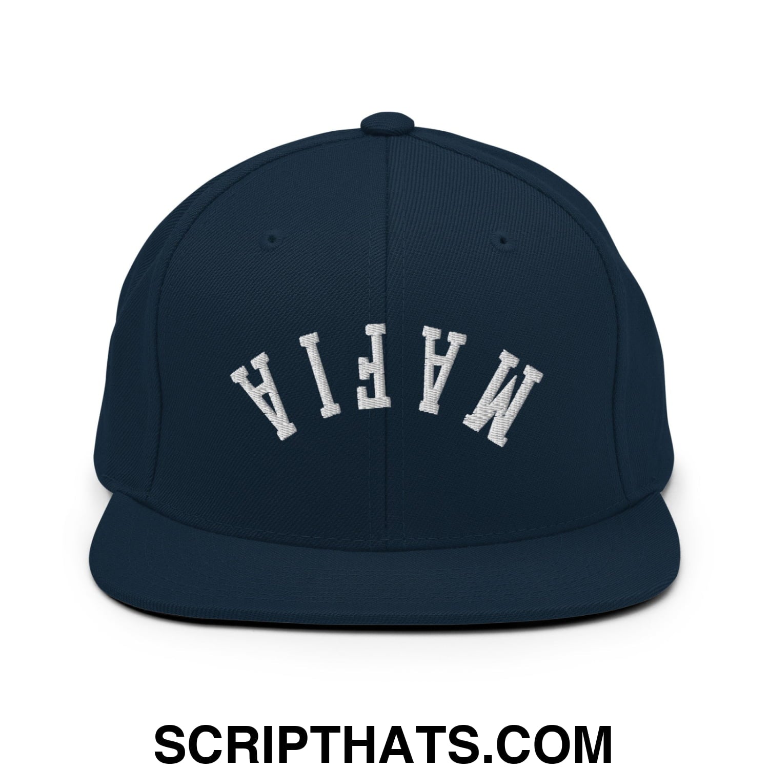 Navy blue snapback hat with white embroidered mafia lettering and flat bill brim for casual wear
