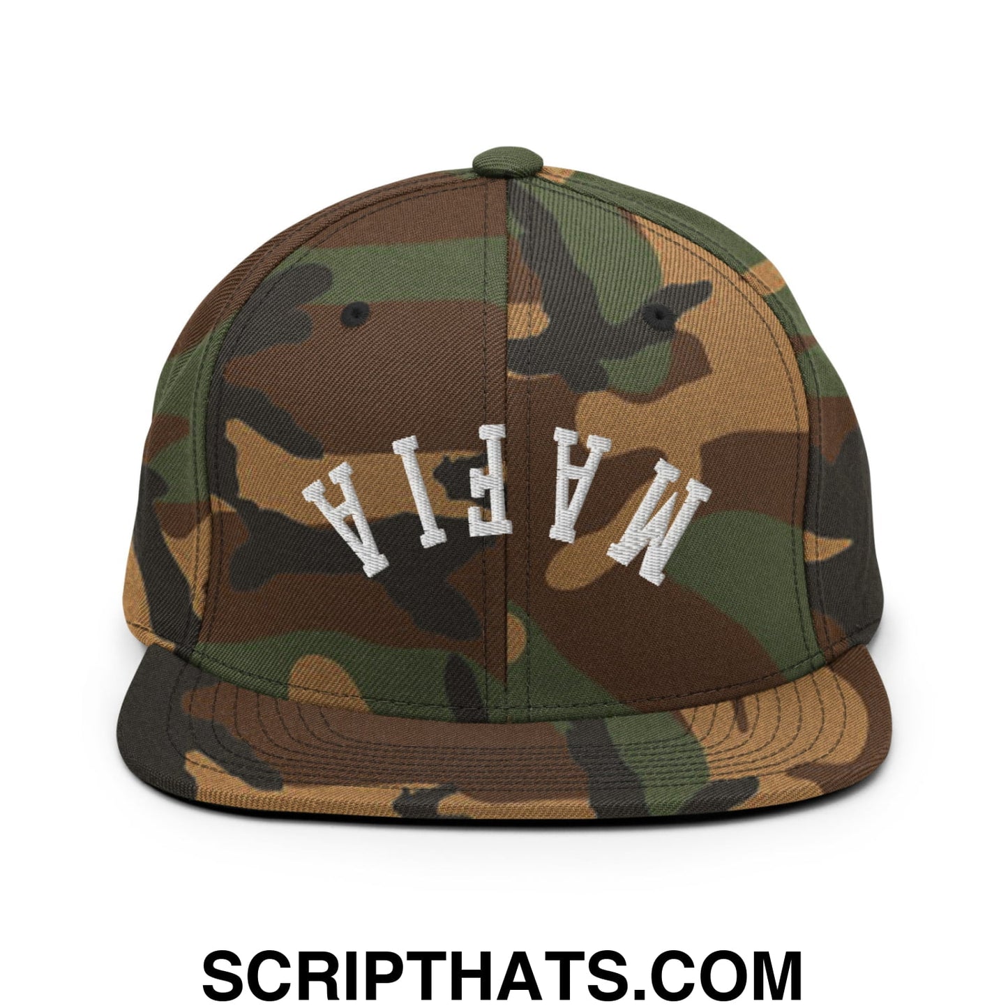 Camouflage snapback hat with white embroidered mafia lettering and flat bill brim for casual streetwear use