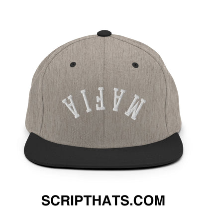 Gray and black snapback hat with white embroidered mafia lettering and flat bill brim for casual wear