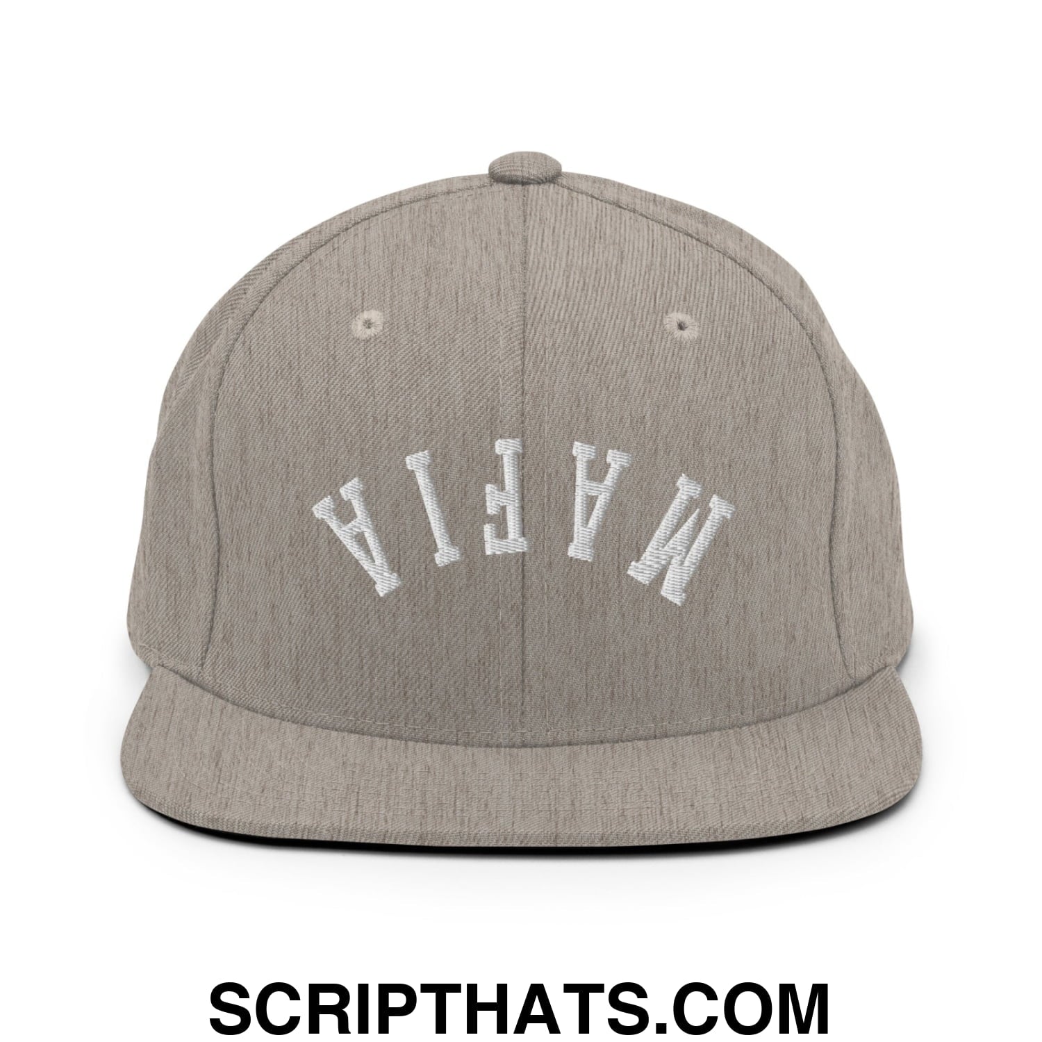 Gray heather snapback cap with white embroidered mafia lettering and flat bill brim in upside down design